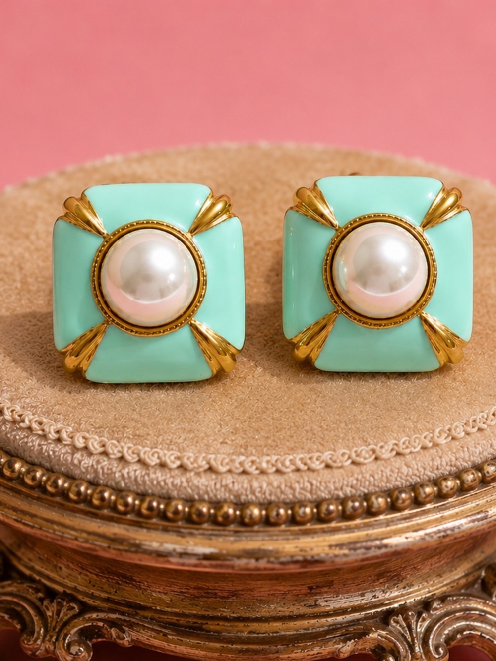 Vintage Gold Aqua Pearl Enamel Earrings